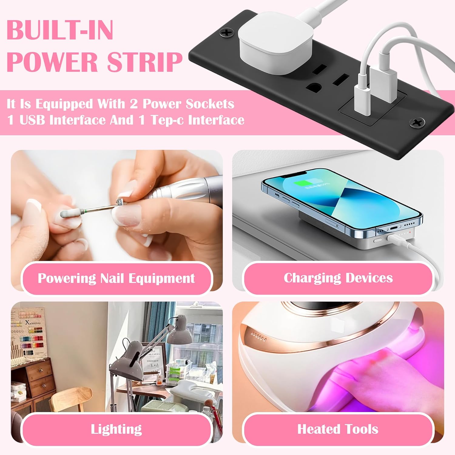Acetone Proof Manicure Table | Nail Tech Desk with Gold Handles & Built‑in Power Strip
