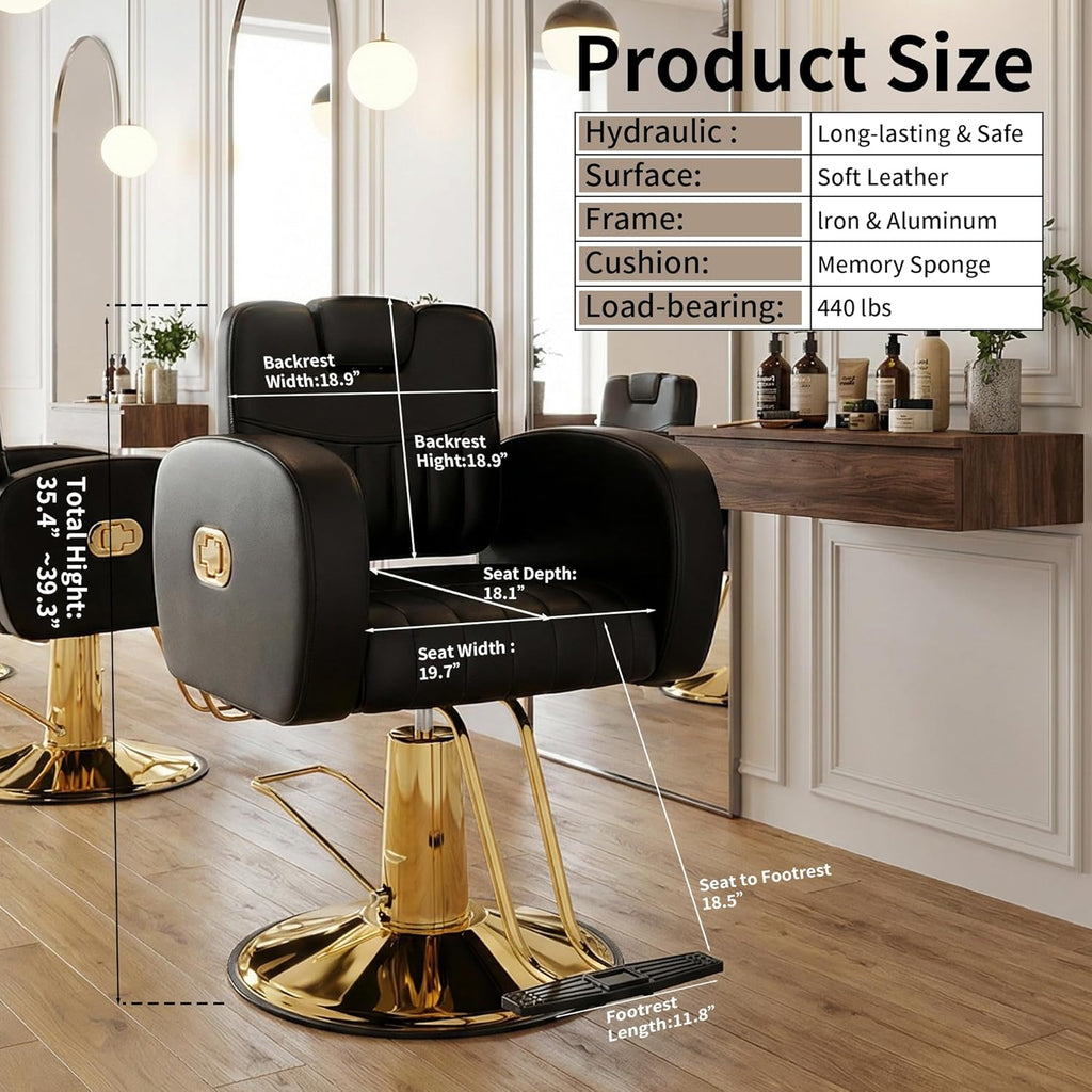 【Hicomony】Black & Gold Hydraulic Salon Chair | 440LBS Reclining Barber Chair with Removable Headrest