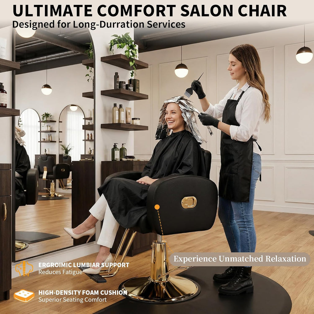 【Hicomony】Black & Gold Hydraulic Salon Chair | 440LBS Reclining Barber Chair with Removable Headrest