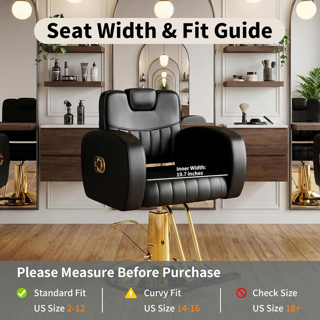 【Hicomony】Black & Gold Hydraulic Salon Chair | 440LBS Reclining Barber Chair with Removable Headrest
