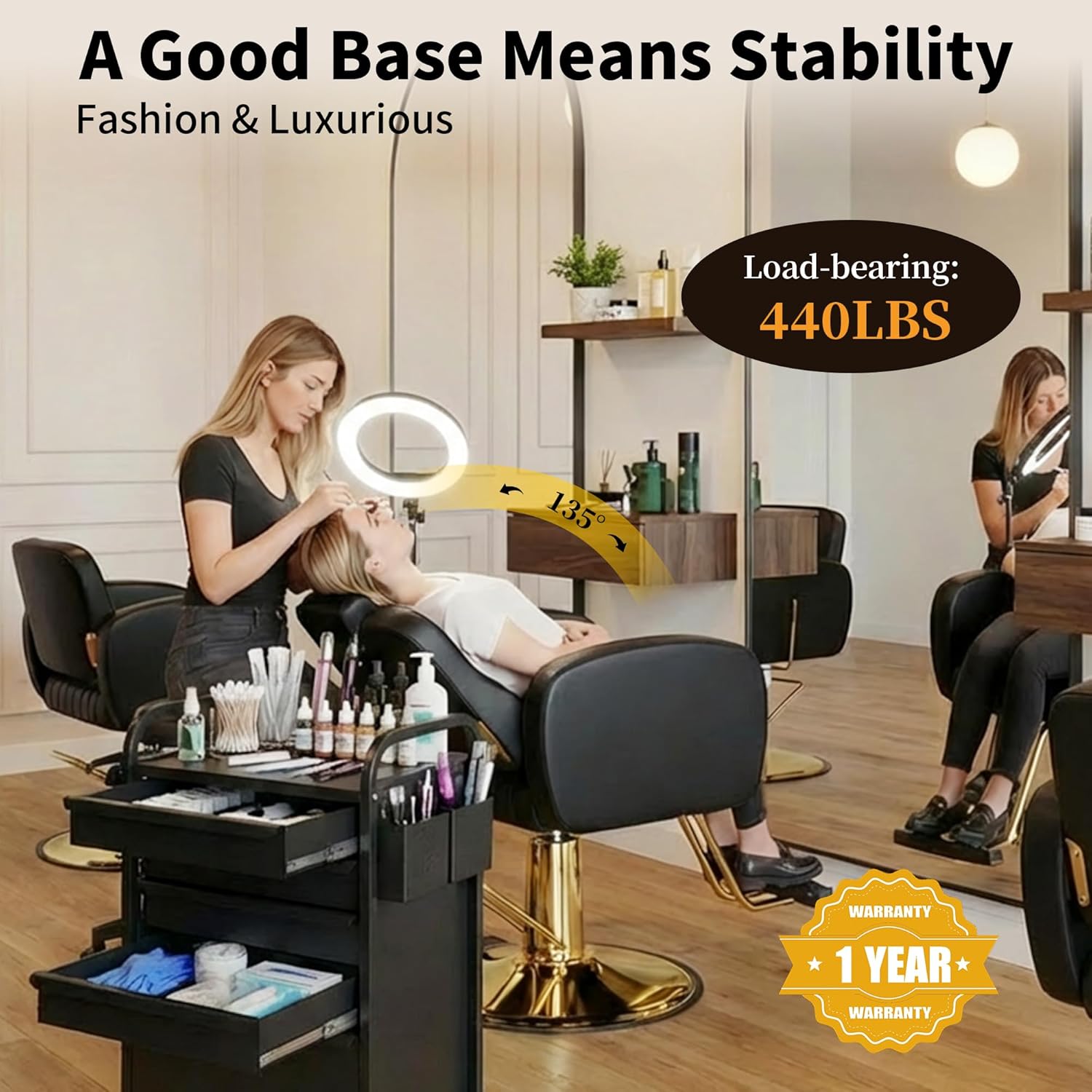 【Hicomony】Black & Gold Hydraulic Salon Chair | 440LBS Reclining Barber Chair with Removable Headrest