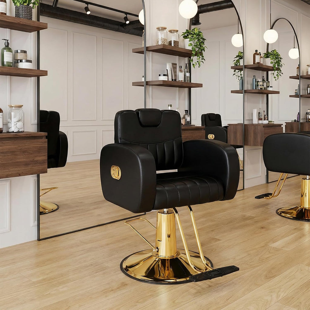 【Hicomony】Black & Gold Hydraulic Salon Chair | 440LBS Reclining Barber Chair with Removable Headrest