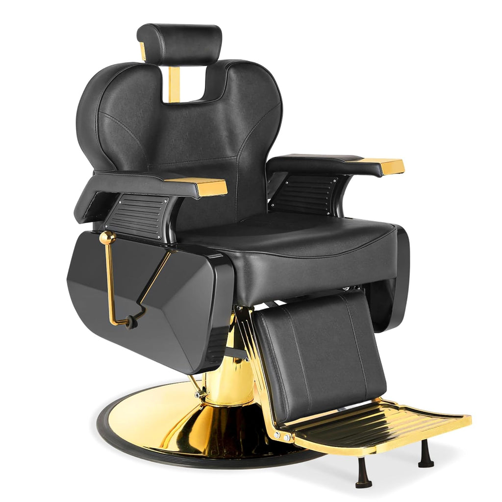 Hydraulic Barber Chair Black & Gold | 360° Swivel Reclining Salon Chair for Barbershop
