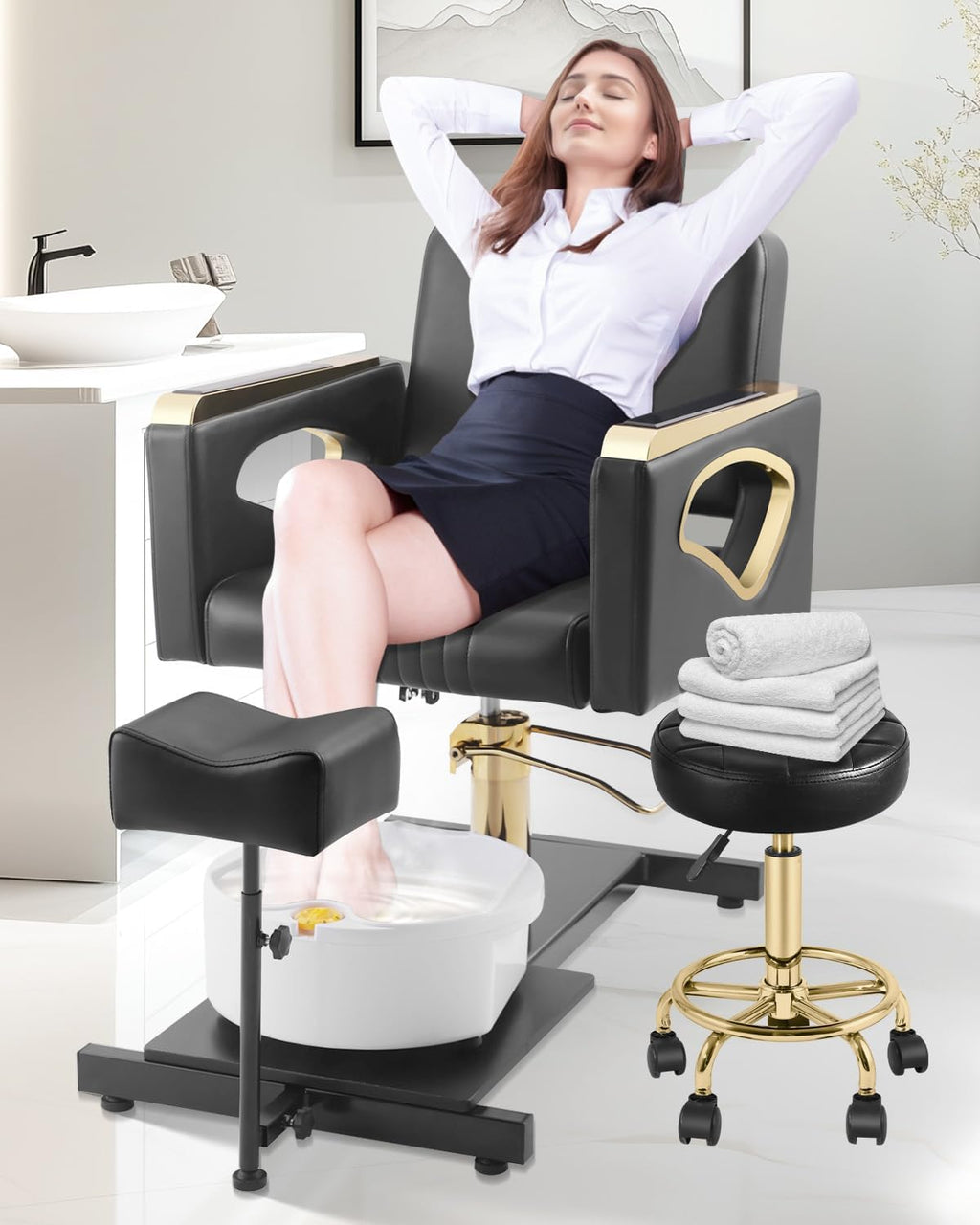 Portable No-Plumbing Pedicure Chair | Reclining Foot Spa Station with 360° Swivel