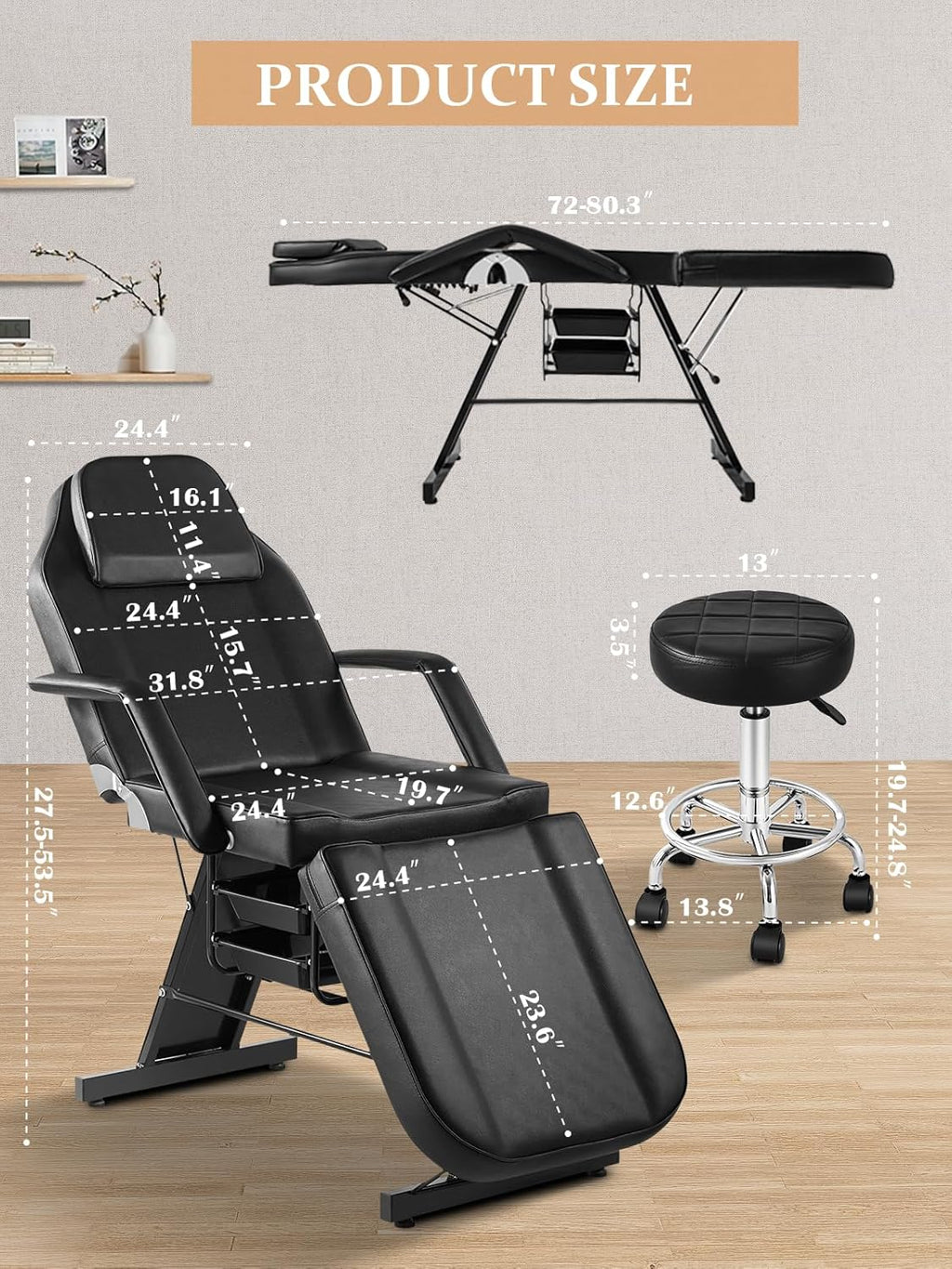 Tattoo Chair Bed with Rolling Stool & Storage Basket