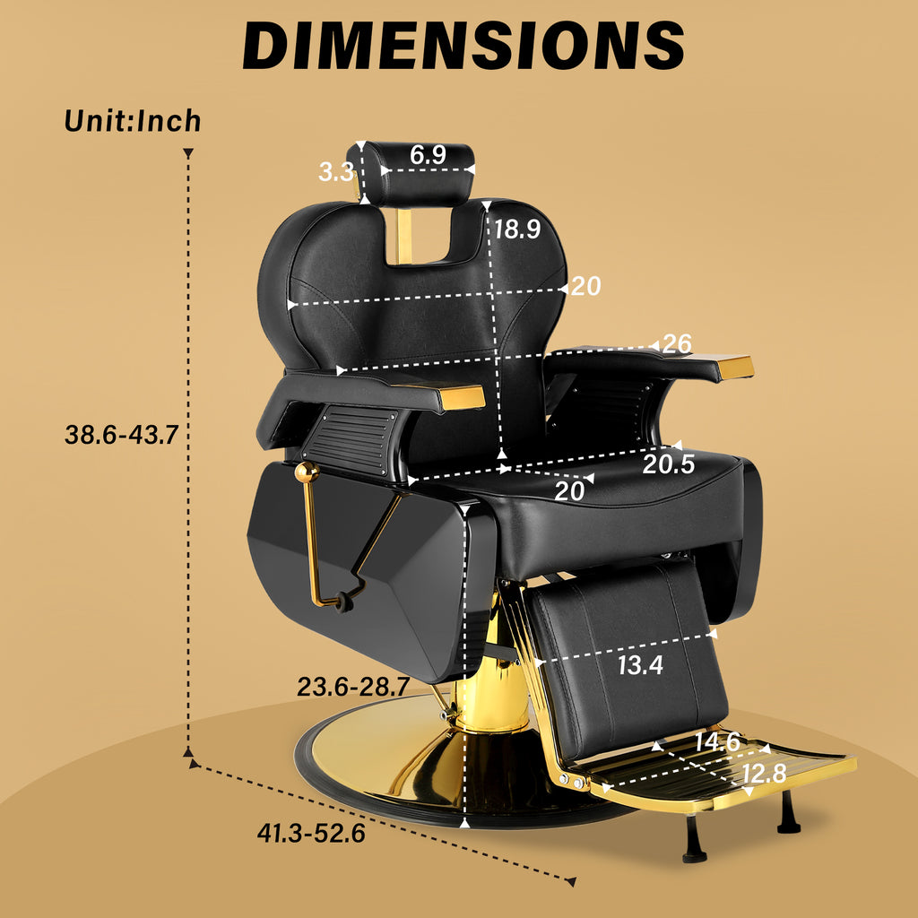 Hydraulic Barber Chair Black & Gold | 360° Swivel Reclining Salon Chair for Barbershop