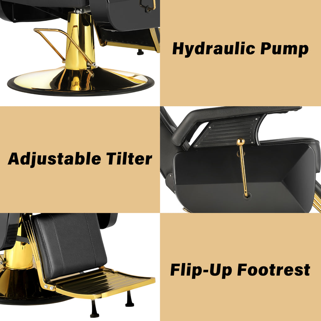 Hydraulic Barber Chair Black & Gold | 360° Swivel Reclining Salon Chair for Barbershop
