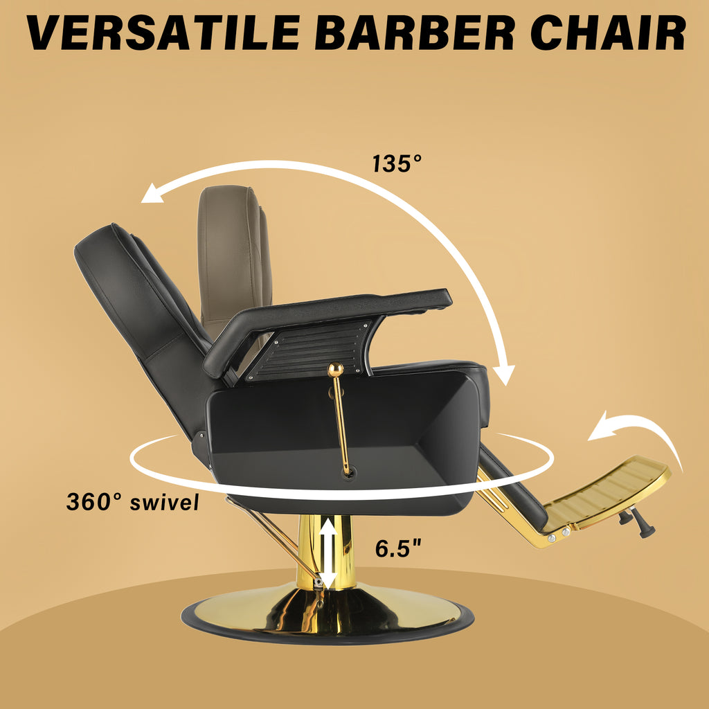 Hydraulic Barber Chair Black & Gold | 360° Swivel Reclining Salon Chair for Barbershop