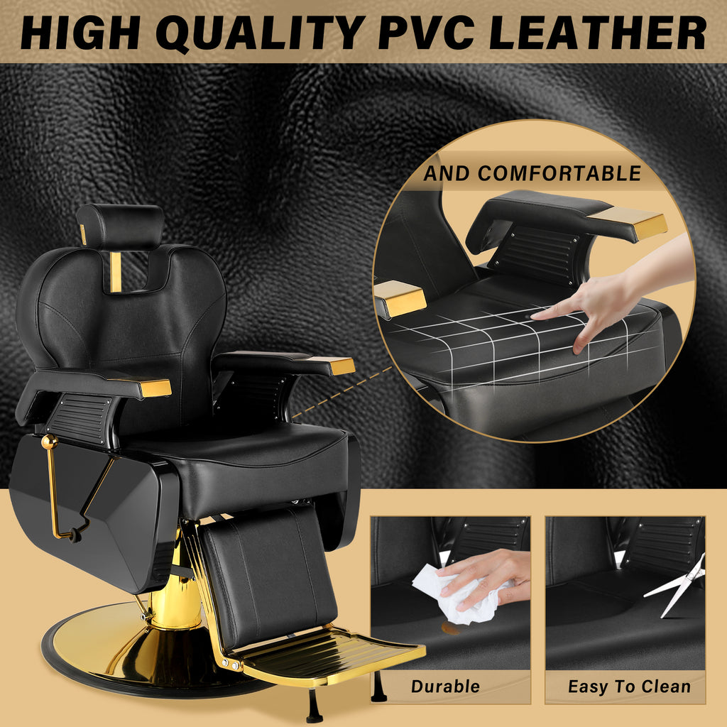 Hydraulic Barber Chair Black & Gold | 360° Swivel Reclining Salon Chair for Barbershop