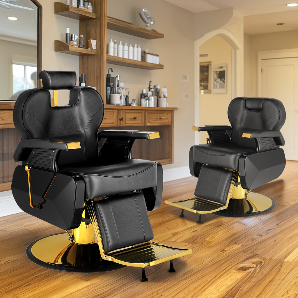 Hydraulic Barber Chair Black & Gold | 360° Swivel Reclining Salon Chair for Barbershop